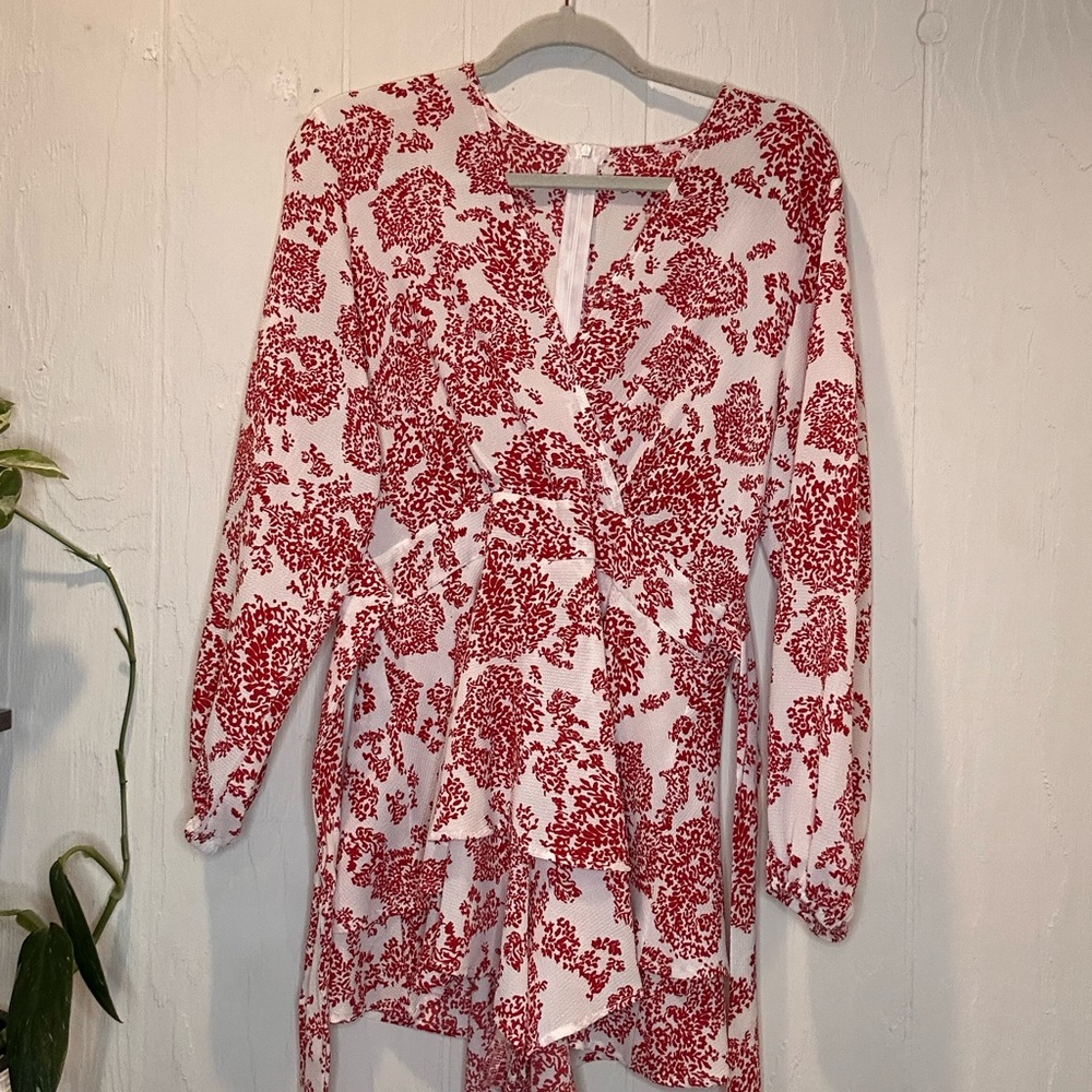 Floral Red and White Women's Long Sleeve Romper